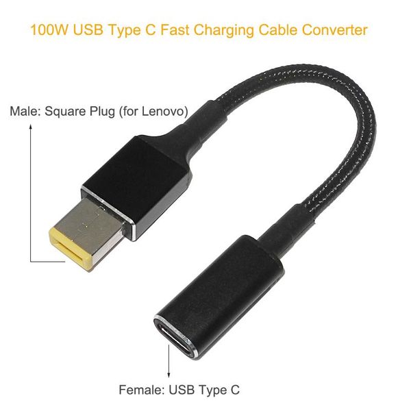 Conectores de cabos de computador Cabo USB tipo C para Lenovo ThinkPad Yoga USB-C Conversor de plugue quadrado Adaptador de energia de carregamento rápido