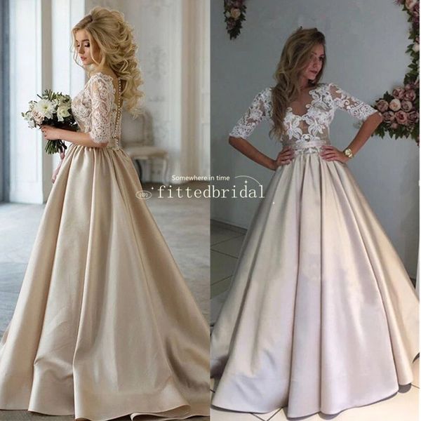 

elegant champagne gold modest half-sleeve lace a-line wedding dress, White