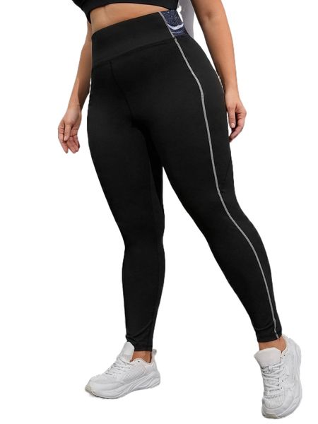 

plus graphic print stitching sports leggings with phone pocket 77mn#, Black
