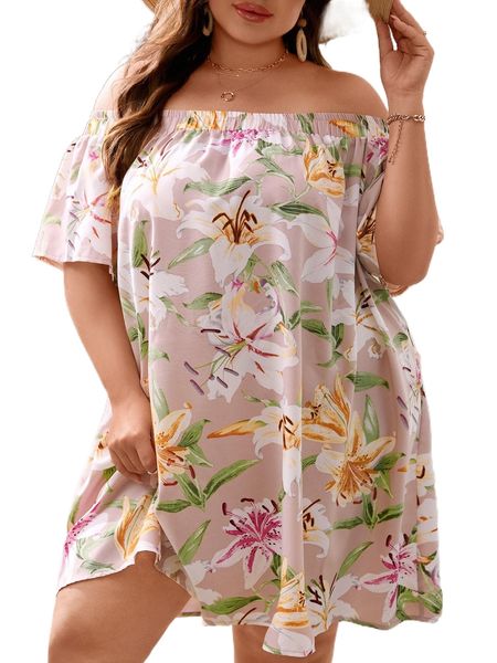 

plus floral print off shoulder dress u5nz#, Black