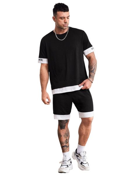 

extended sizes men letter graphic contrast trim 2 in 1 tee & shorts m0l5#, Gray