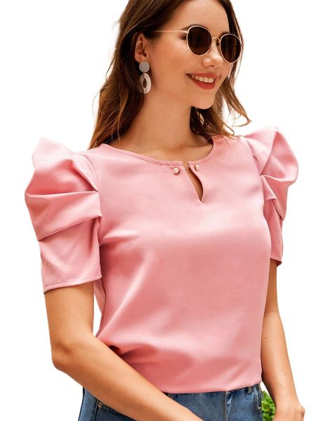 

puff sleeve cutout button front 57wo#, White