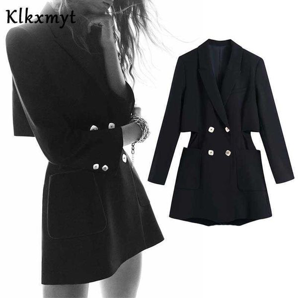 Klkxmyt Za Tuta Donna Moda Nero Elegante Blazer Salopette Vintage Scollo a V Tasche a maniche lunghe Tute da donna Mujer 210527