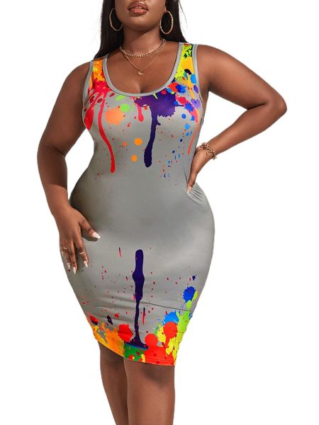 

sxy plus splash ink print tank dress 00mu#, Black