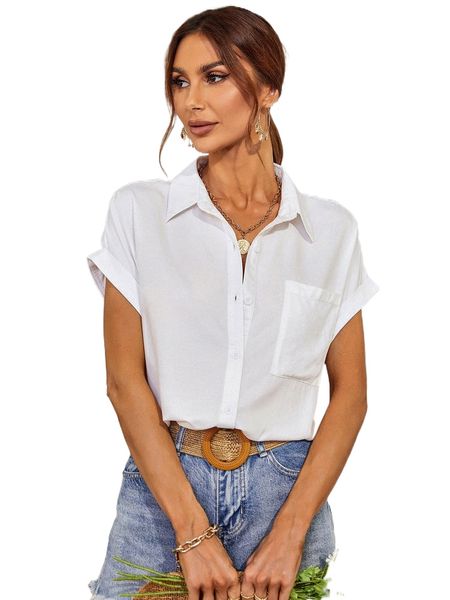 

batwing sleeve pocket patched blouse 77vk#, White