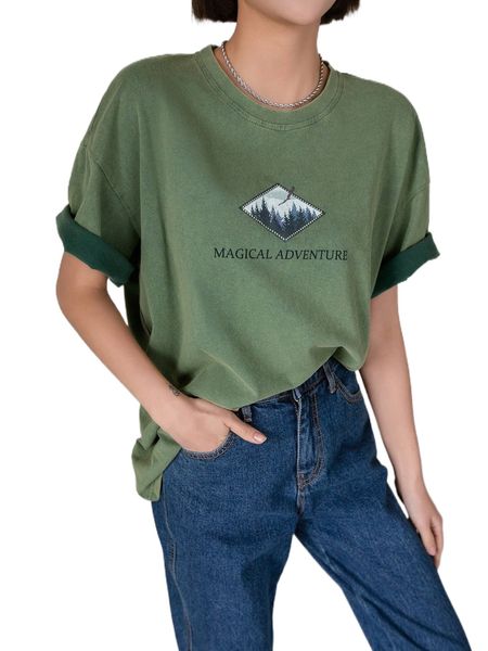 

dazy plants & letter print drop shoulder tee w5ri#, White