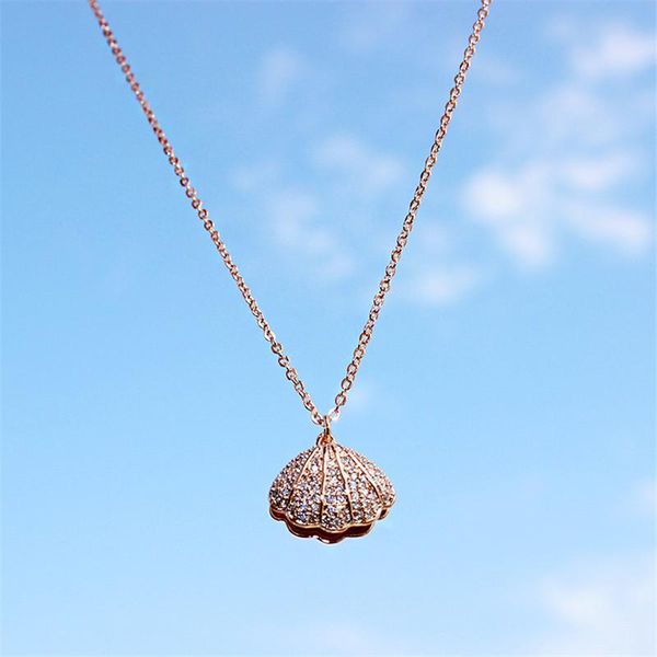 Anhänger Halsketten Luxus Weibliche Shell Anhänger Halskette Nette Rose Gold Kette Kristall Romantische Kleine Perle Hochzeit NecklacePendant