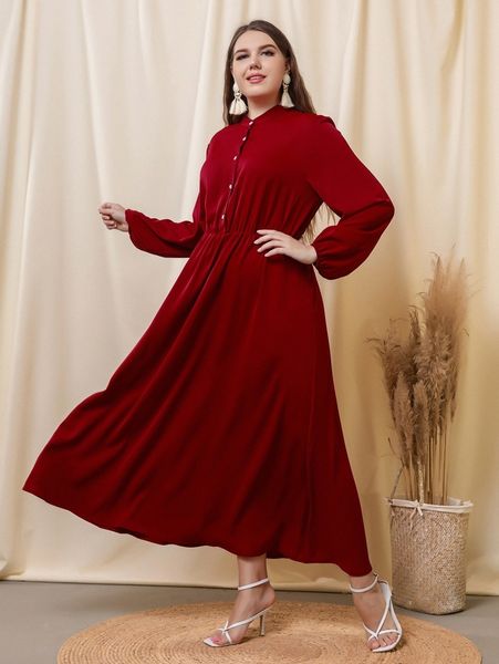 

plus lantern sleeve half button dress b2sv#, Black