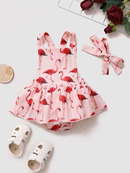 

baby girl flamingo pattern ruffle hem dress belt hair belt she, Blue