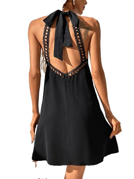 

guipure lace panel tie backless halter dress s0oe#, Black;gray
