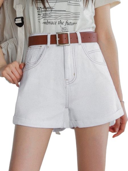 

dazy rolled hem h.igh waisted d.enim shorts without belt a5tt#, White;black