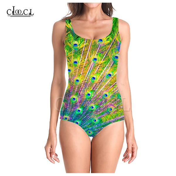 Colorido penas de pavão 3d impressão meninas onepiece maiô sem mangas magro sexy moda mulheres swimwear 220617