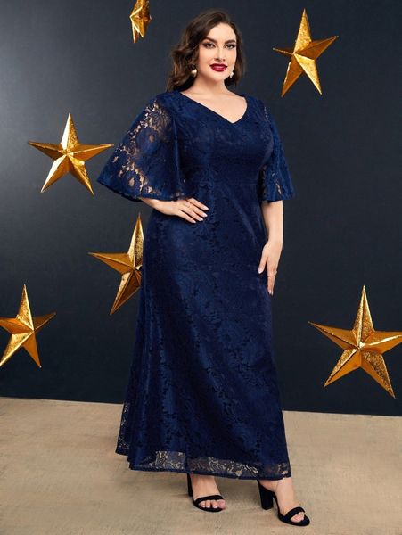 

plus butterfly sleeve lace maxi dress m4cw#, Black