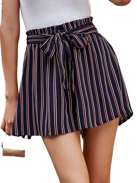 

striped paperbag waist belted wide leg shorts d05j#, White;black