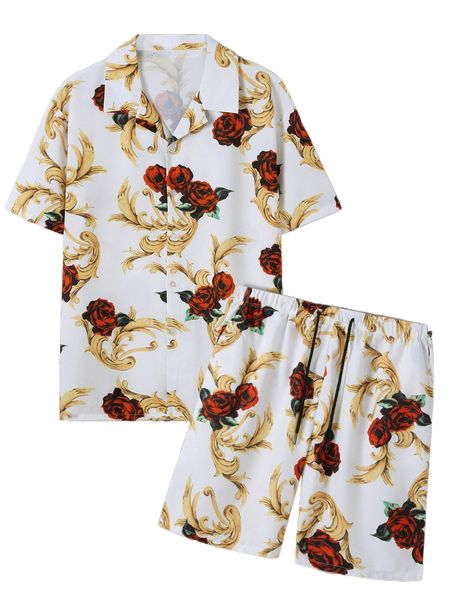

men random floral print shirt & shorts l4r9#, Gray