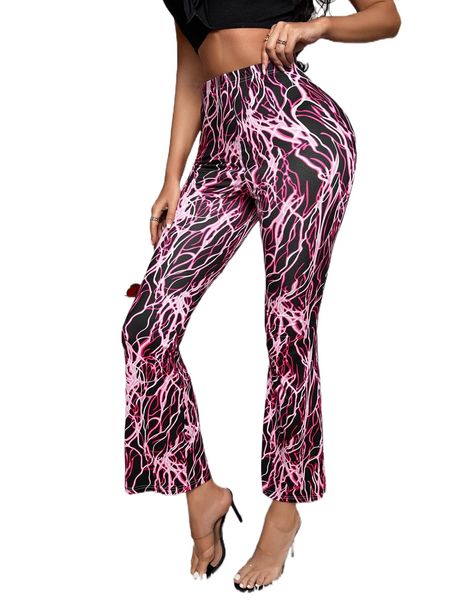

sxy high waist lightning print flare leg pants h0of#, Black;white