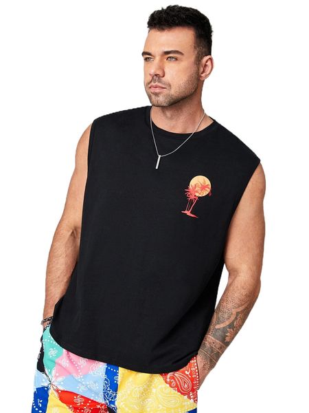

extended sizes men coconut tree & slogan graphic tank b5t7#, White;black