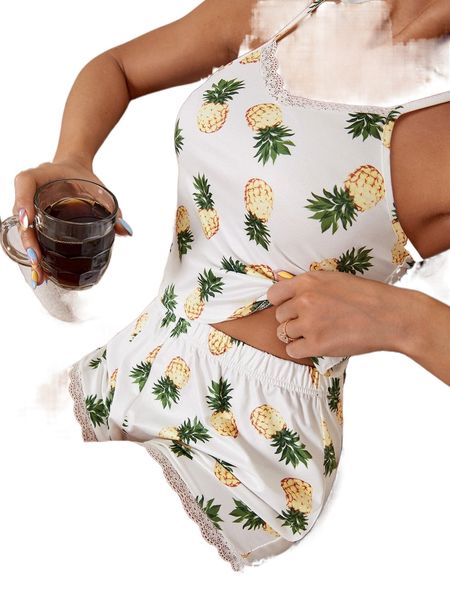 

pineapple print lace trim pj set y7jf#, Black;red