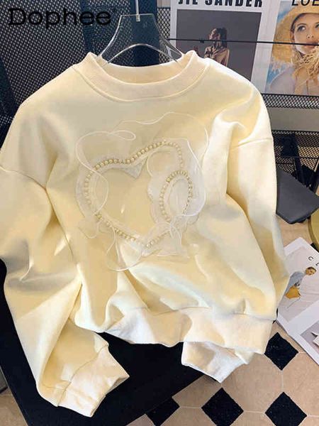 

2022 autumn new korean design mesh beads loose casual thick short sweatshirt women chic style white pullover hoodies, Black