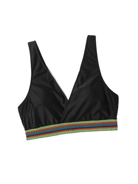

plus striped trim overlap collar bikini 96x7#, Black