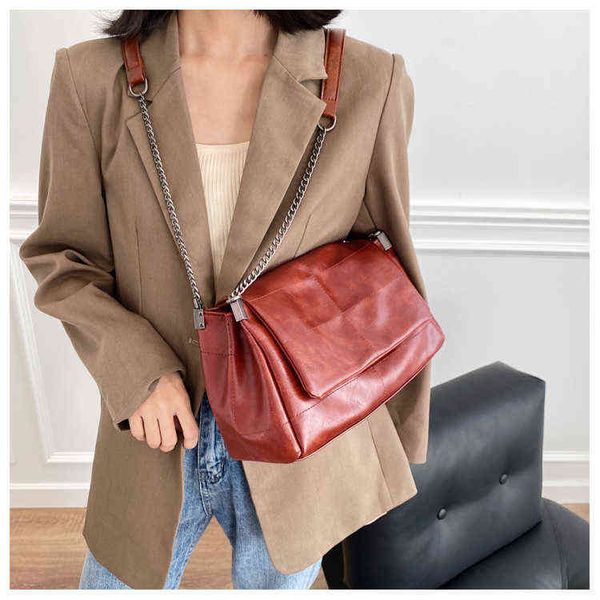 

women vintage solid color chain soft leather shoulder handbags 2020 new fashion messenger bags soft flap women purse and purse g220422