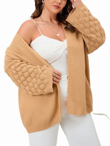 

plus drop shoulder pointelle knit duster cardigan i3ct#, Black