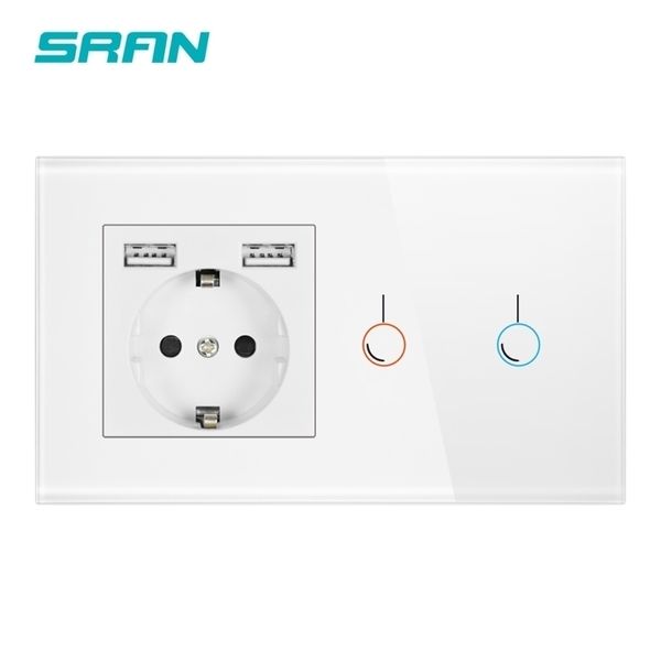 Interruptor do sensor de toque SRAN com soquete Painel de vidro de cristal USB 1x86 220V 16A Luz de parede 123Gang Y200407