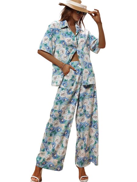 

allover floral print drop shoulder blouse & wide leg pants a6vu#, White