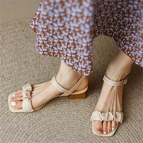 

ins fashion square heel womens sandals summer korean pleated ankle buckle casual high heels simple rome 220611, Black