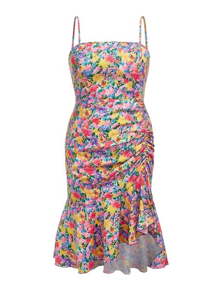 

plus allover floral print ruched side mermaid hem cami dress n5fb#, Black