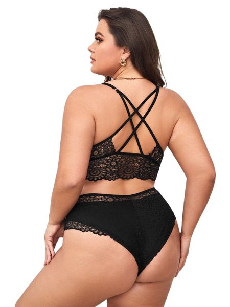 

plus lace longline lingerie set 50zy#, Black;white