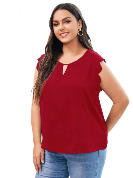 

plus keyhole neck scallop trim blouse z85w#, Black