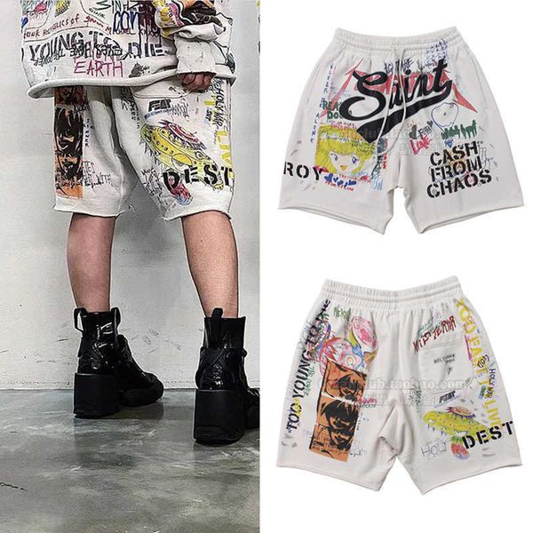 

high street saint michael gman cartoon graffiti hand-painted retro loose casual shorts, Black