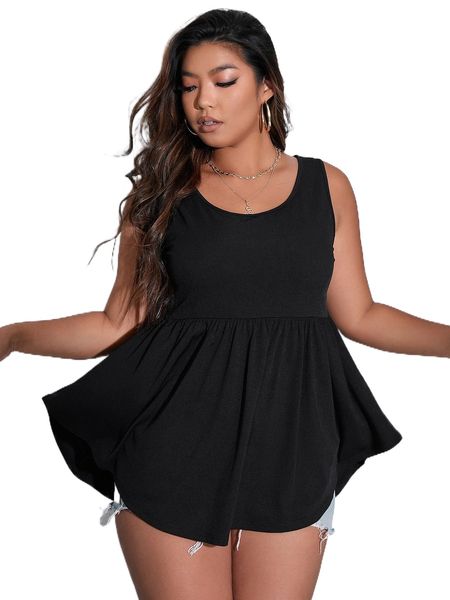 

plus scoop neck peplum tank x9q1#, Black