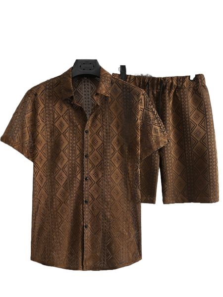 

men hollow out lace shirt & shorts r7qz#, Gray