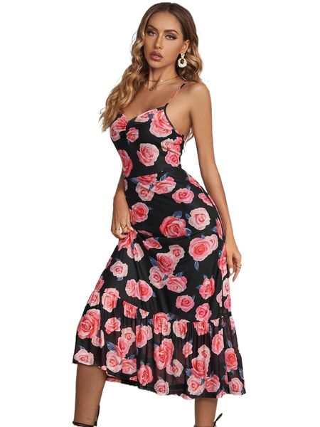 

floral print ruffle hem mesh cami dress b6bs#, Black;gray