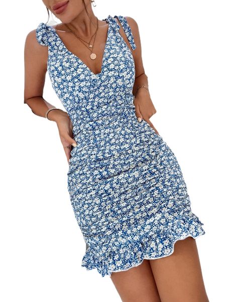 

ditsy floral v neck tie shoulder ruffle hem dress u3fi#, Black;gray