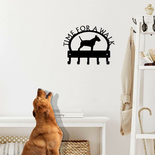 Bull Terrier Time for a Walk Key Rack Dog Leash Hanger Metal Wall Art