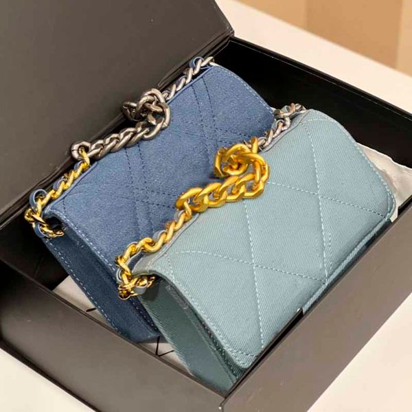 

19cm women flap crossbody designer bags mini blue cowboy denim classic handbags handbag luxury gold-tone/silver metal chain handheld totes