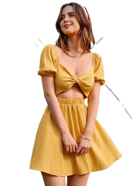 

s.weetheart neck c.ut o.ut t.wist p.uff s.leeve d.ress n2bv#, Black;gray