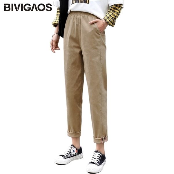 

bivigaos bottom hemming color ribbon cargo pants women overalls trousers cotton high waist loose straight casual harem pants y200418, Black;white