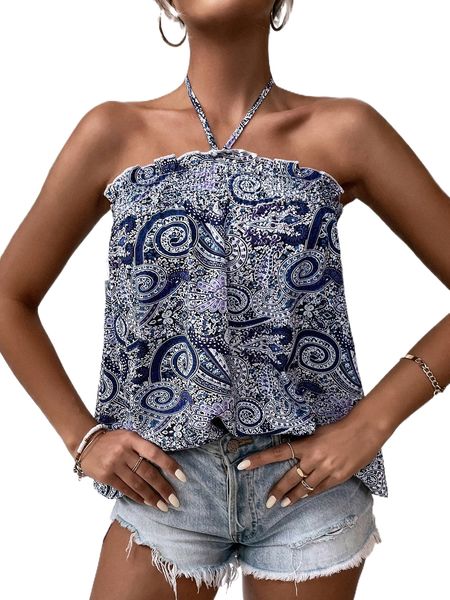 

floral & paisley print shirred frill trim tie backless halter r3jw#, White