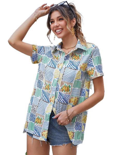 

patchwork print button front blouse f3ti#, White