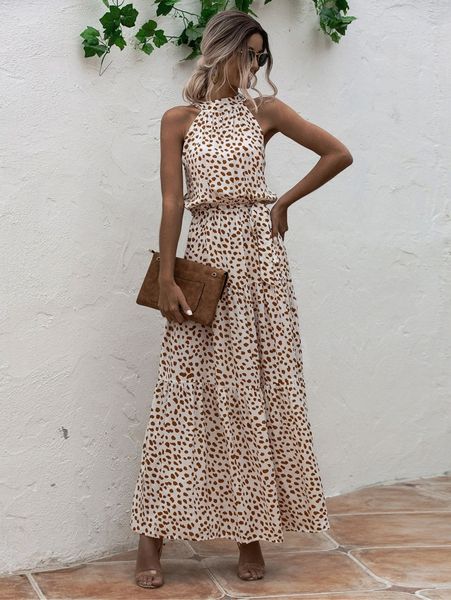 

dalmatian print ruffle hem belted halter dress p5gp#, Black;gray
