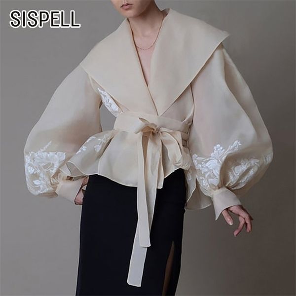 

sispell lantern sleeve for female blouse shirts lapel collar lace up bowknot high waist slim embroidery women's vintage shirt 210326, White