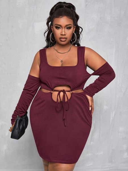 

sxy plus cold shoulder o-ring cut out knot front bodycon dress p65j#, Black