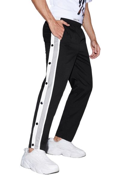 

men contrast sideseam button side pants 05fv#, Black