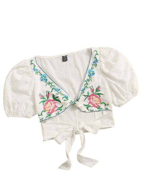 

floral embroidery tie front blouse n8ul#, White