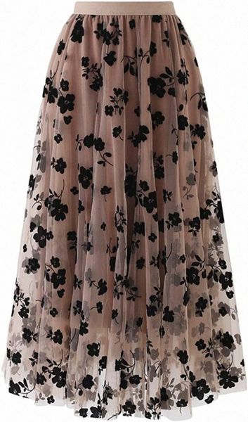 

women's caramel/dusty blue/white/black 3d posy double-layered mesh midi skirt y7xp#