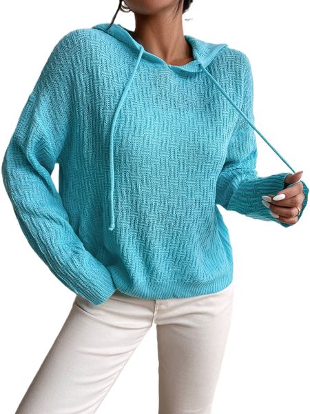 

drop shoulder drawstring hooded sweater m38j#, White;black